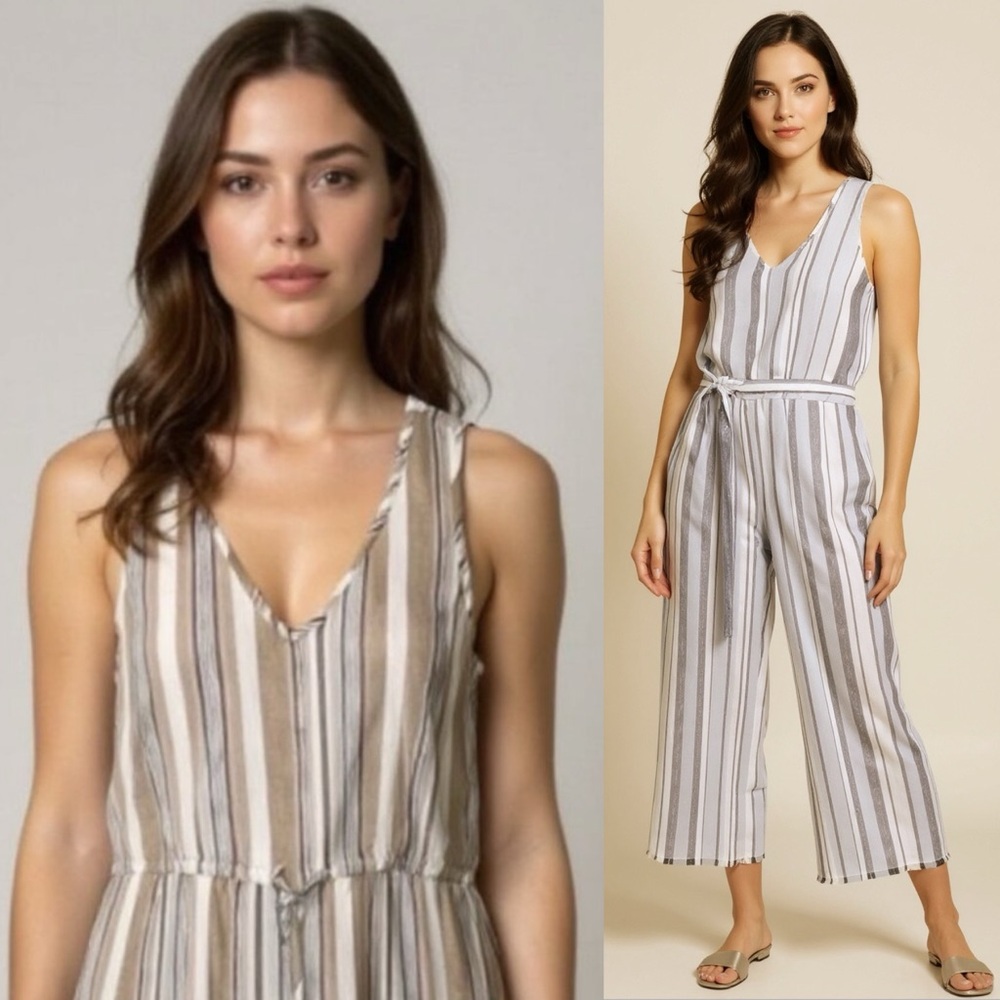 Anthropologie Drew Stripe Linen Drawstring Romper Neutral Jumpsuit Size Small